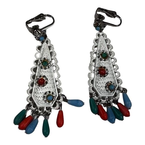 Vintage Bohemian Turquoise Coral Beads Dangle Teardrop Chandelier Drop Earrings - Picture 1 of 3